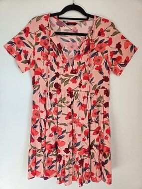 Dokotoo Pink Tropical Floral 100% Viscose Boho Tiered Babydoll Mini Dress Size S